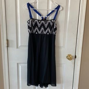 NWOT Black/white mini dress with blue straps and super fun back detail size 12